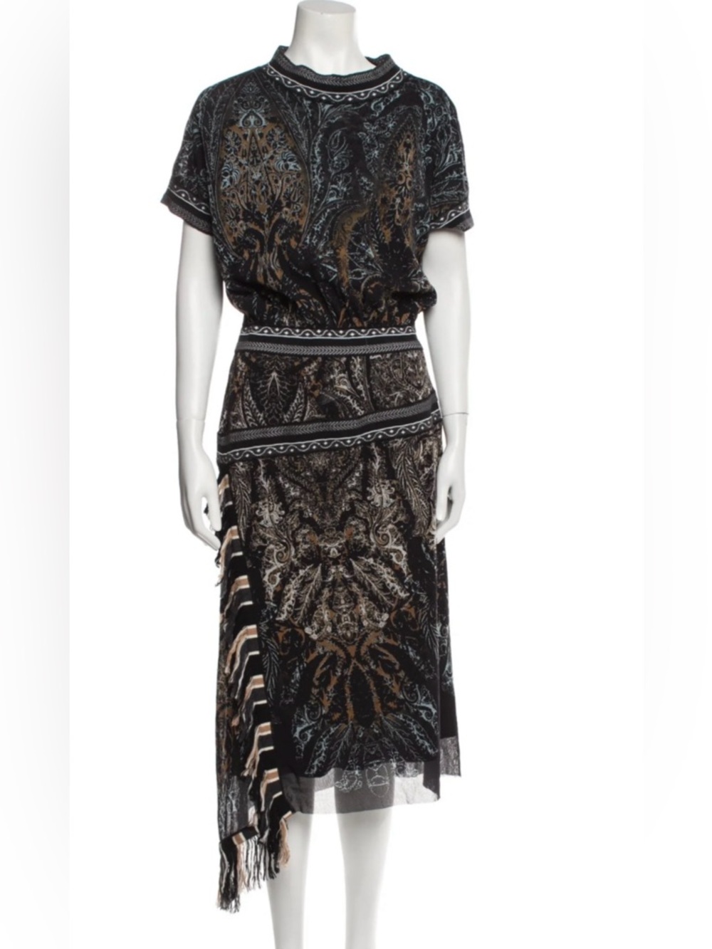 Fuzzi Printed Midi Skirt with Fringe Detail - Black & Brown M